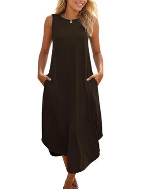 Women's Coffee Casual Summer Sleeveless Dress Beach Sundress Split Long Dress